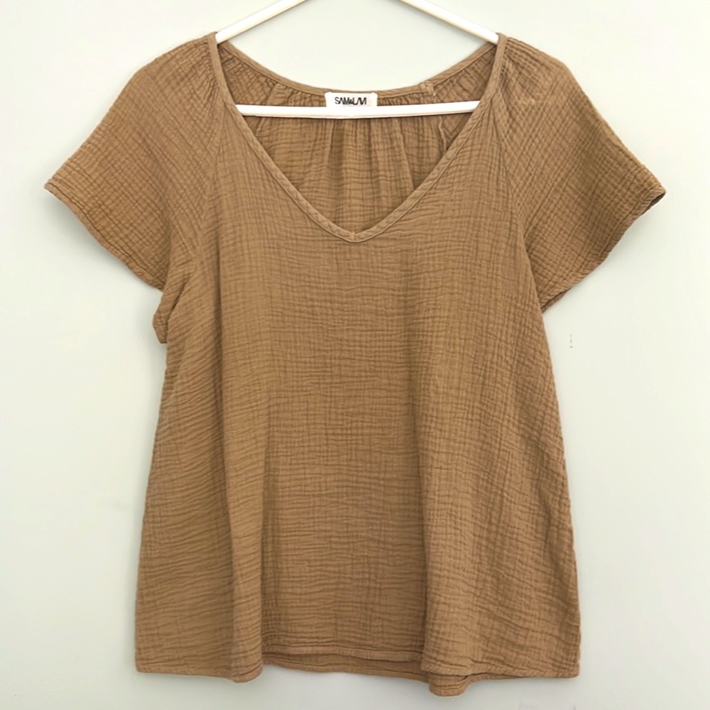 Women’s Anthropologie Sam & Lavi Tan Cotton Gauze V Neck Shirt Top Sz Small